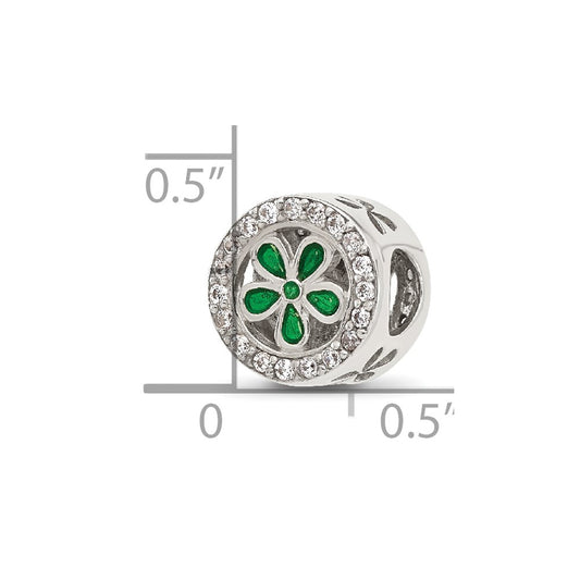 Sterling Silver Reflections Polish CZ and Green Enamel Flower Circle Bead