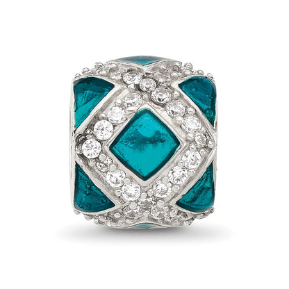 Sterling Silver Reflections CZ Teal Enameled Fancy Bead