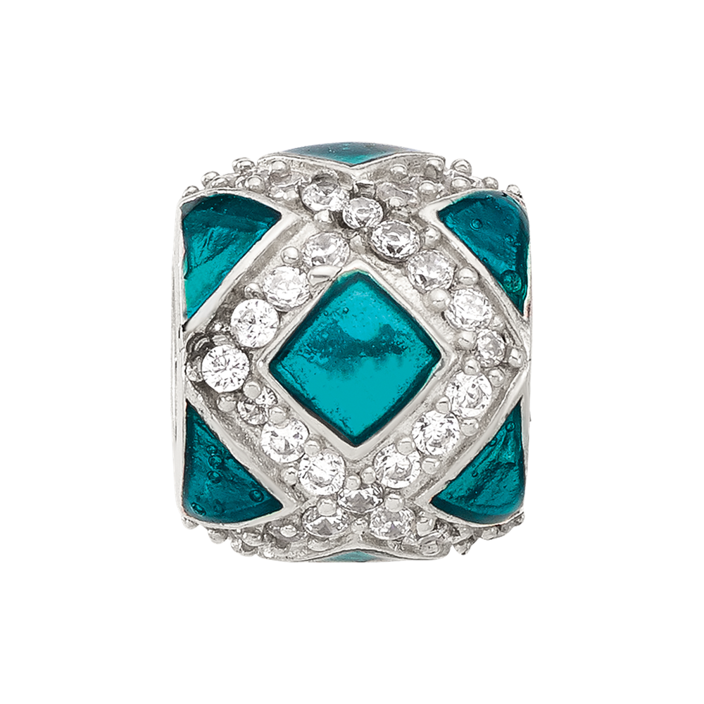 Sterling Silver Reflections CZ Teal Enameled Fancy Bead
