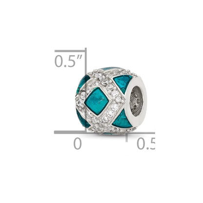 Sterling Silver Reflections CZ Teal Enameled Fancy Bead