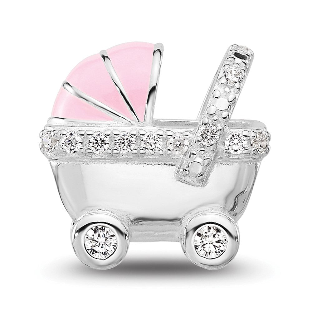Sterling Silver Reflections Rh-plated Pink Enamel & CZ Stroller Bead