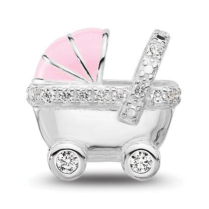 Sterling Silver Reflections Rh-plated Pink Enamel & CZ Stroller Bead