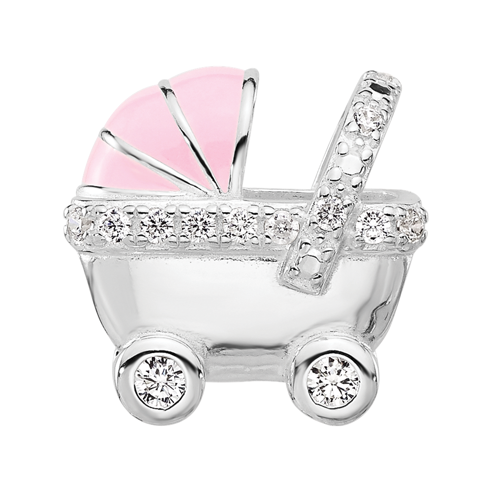 Sterling Silver Reflections Rh-plated Pink Enamel & CZ Stroller Bead