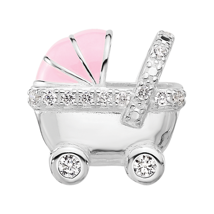 Sterling Silver Reflections Rh-plated Pink Enamel & CZ Stroller Bead