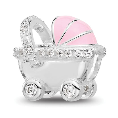 Sterling Silver Reflections Rh-plated Pink Enamel & CZ Stroller Bead