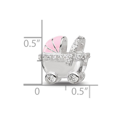 Sterling Silver Reflections Rh-plated Pink Enamel & CZ Stroller Bead