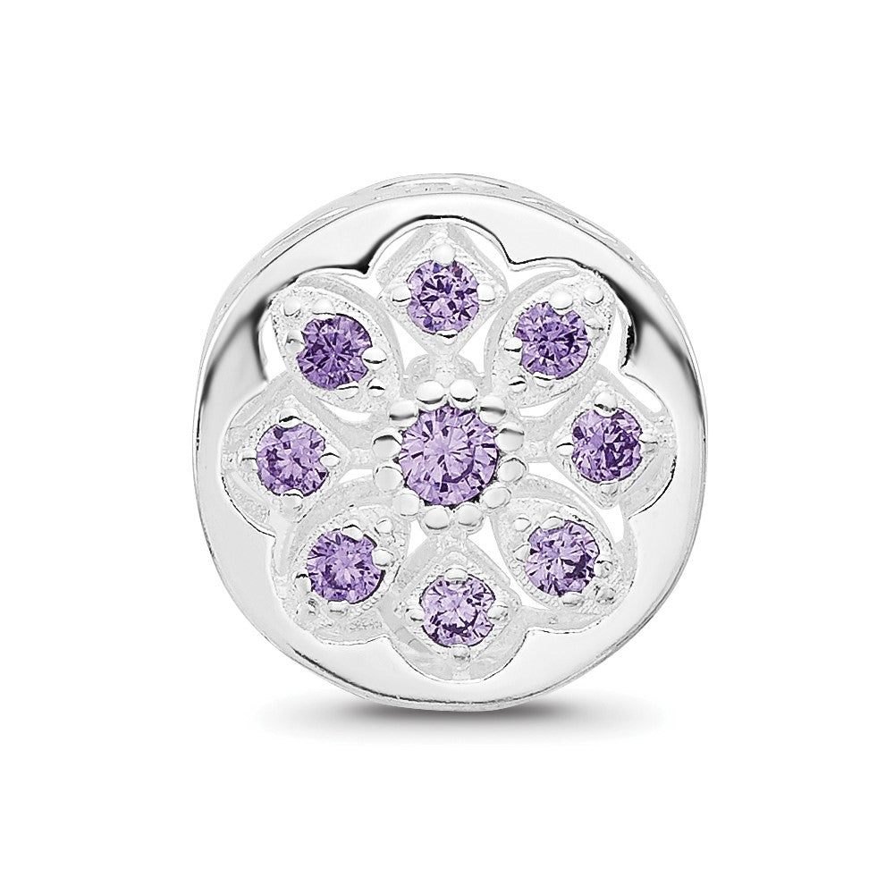 Sterling Silver Reflections Rh-plated Purple/Clear CZ Floral Reverse Bead
