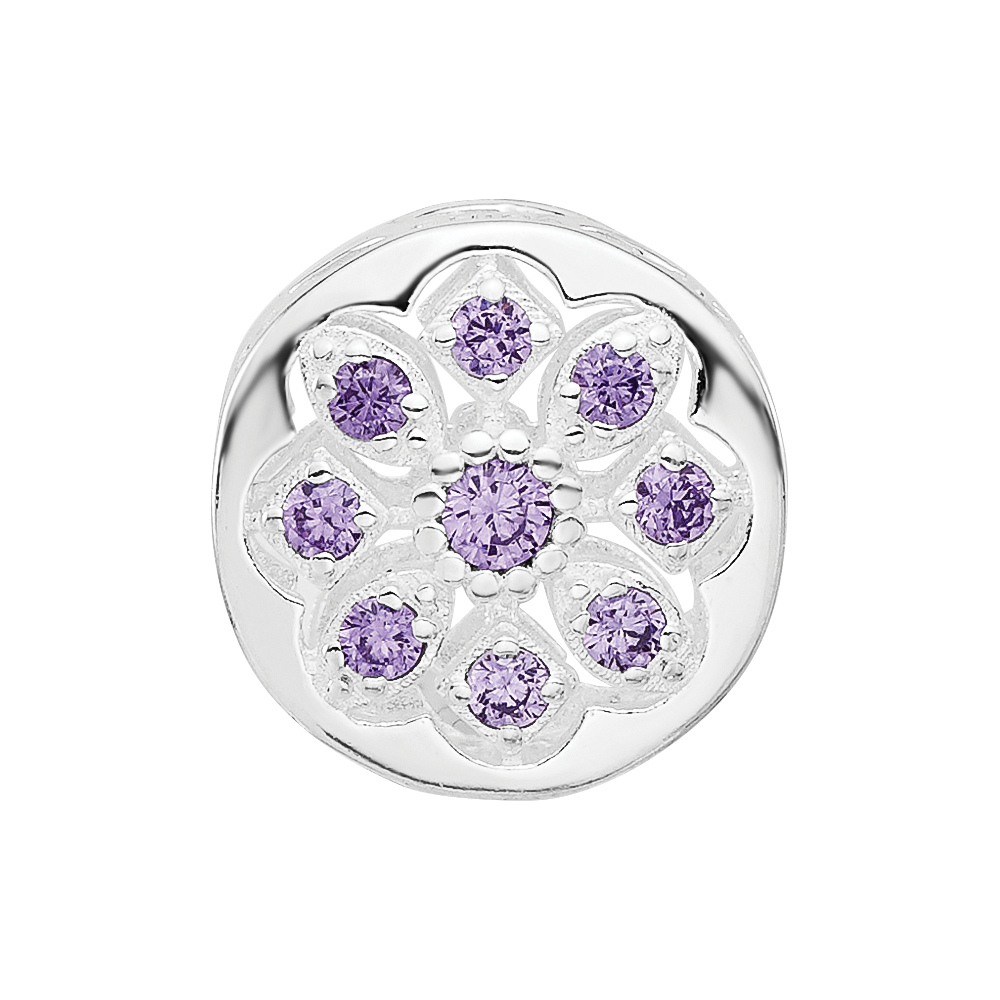 Sterling Silver Reflections Rh-plated Purple/Clear CZ Floral Reverse Bead