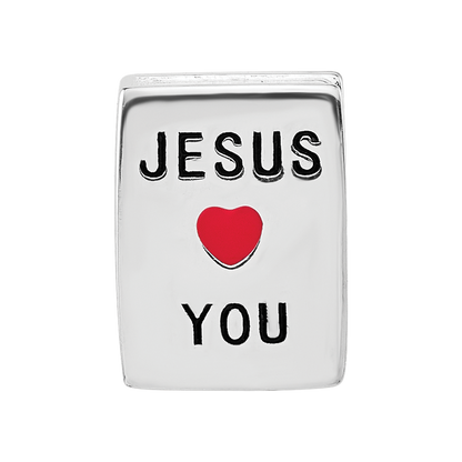 SS Reflections RH-plated Enamel &CZ Cross Jesus Loves You Square Bead