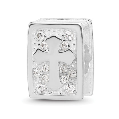 SS Reflections RH-plated Enamel &CZ Cross Jesus Loves You Square Bead