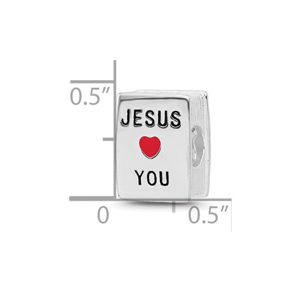 SS Reflections RH-plated Enamel &CZ Cross Jesus Loves You Square Bead