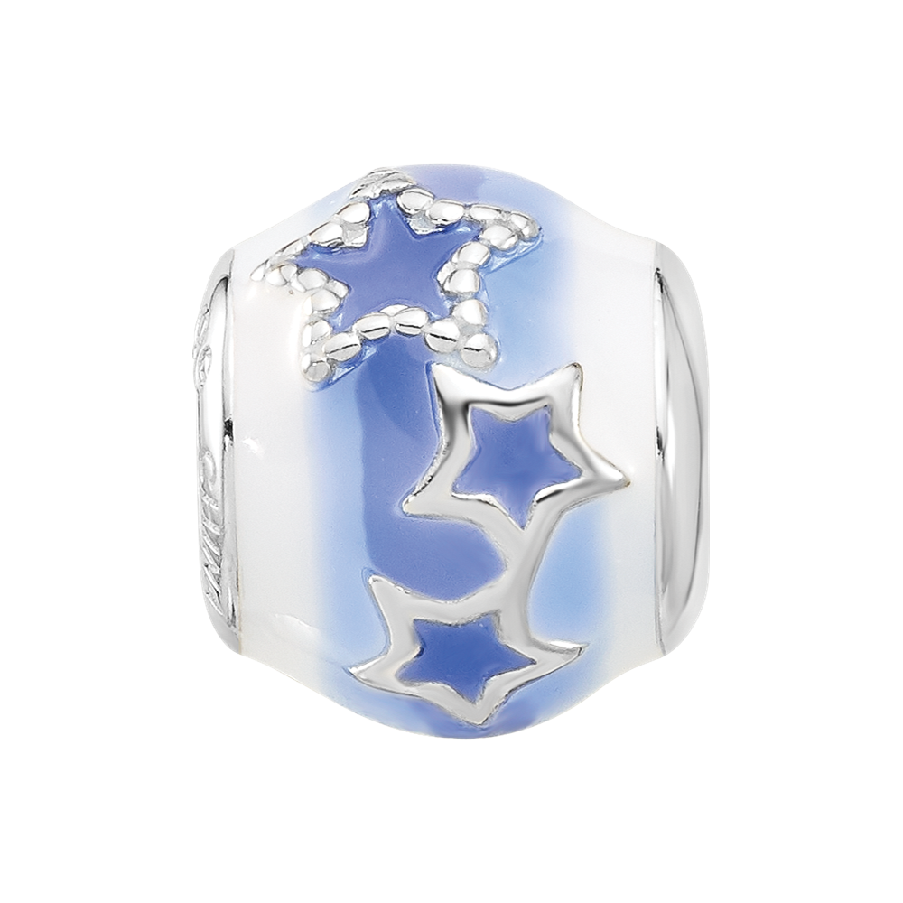 Sterling Silver Reflections Rh-plated Blue & White Enamel Stars Bead