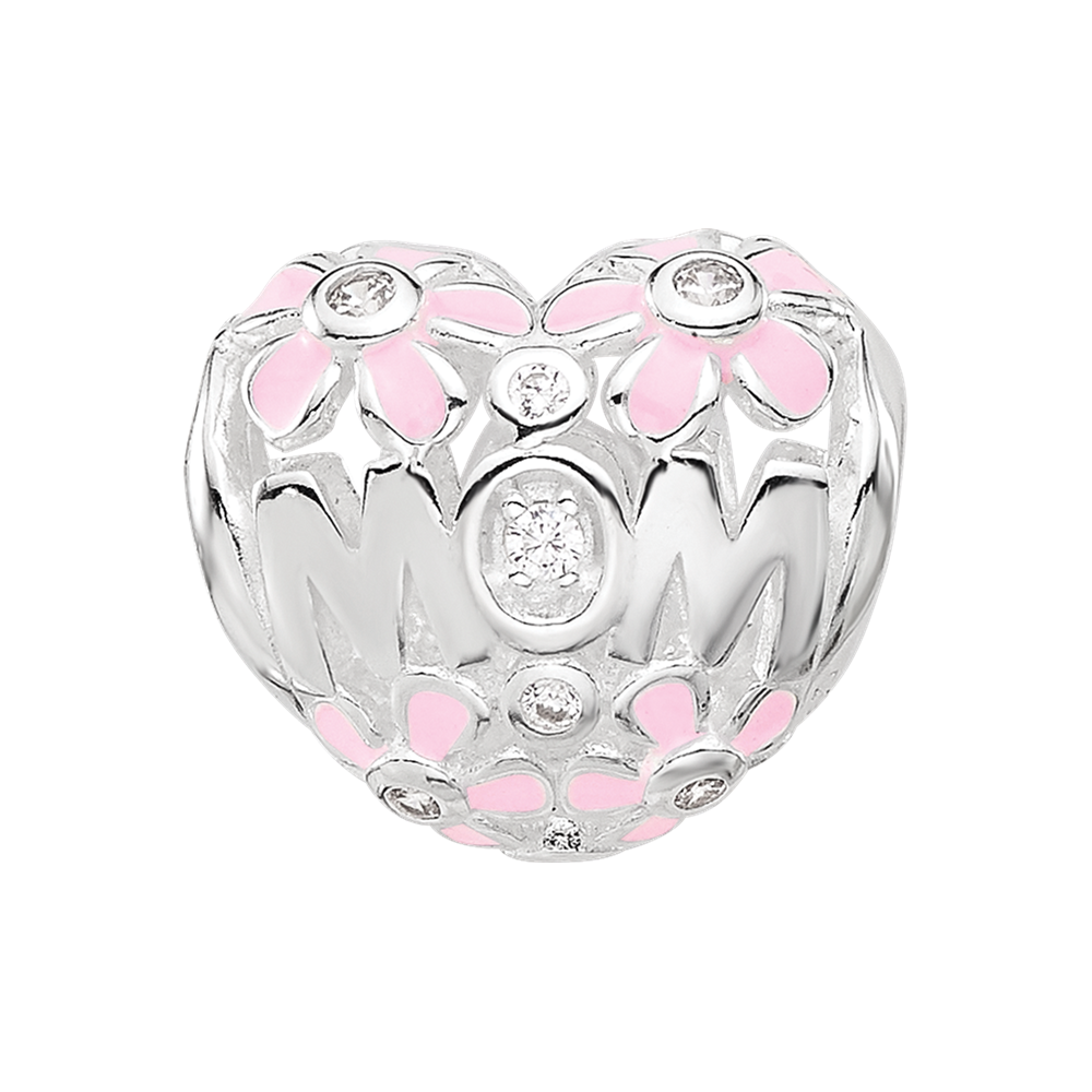 SS Reflections RH-plated Pink Enamel CZ Floral Mom Heart Bead