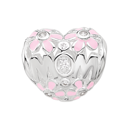 SS Reflections RH-plated Pink Enamel CZ Floral Mom Heart Bead
