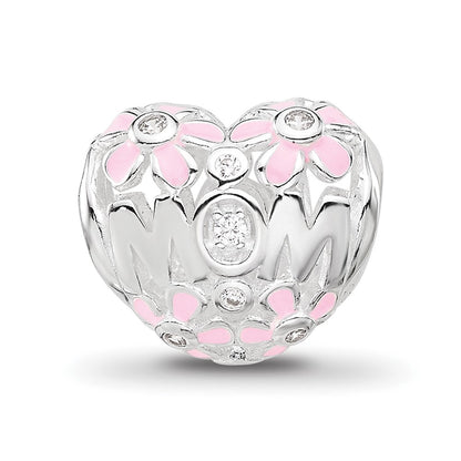SS Reflections RH-plated Pink Enamel CZ Floral Mom Heart Bead