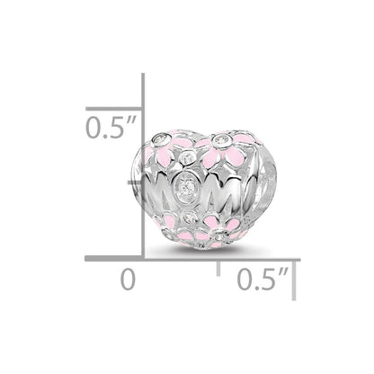 SS Reflections RH-plated Pink Enamel CZ Floral Mom Heart Bead