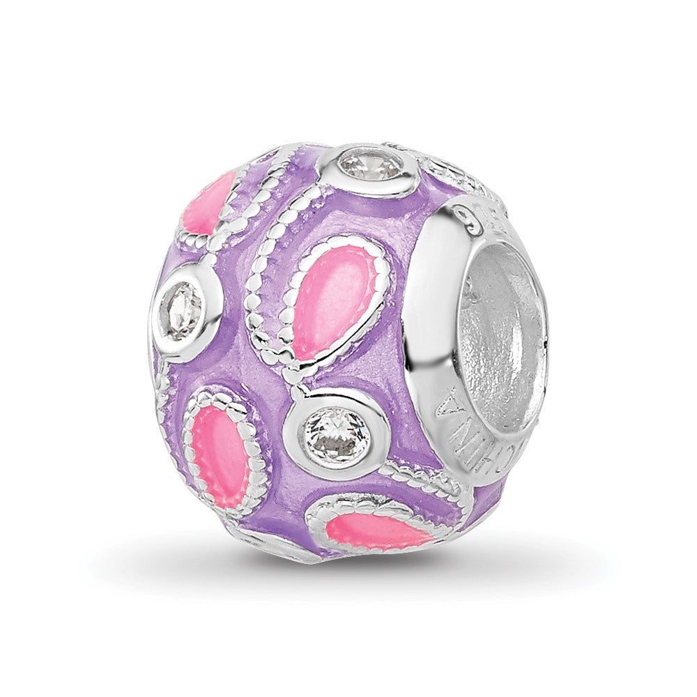 Sterling Silver Reflections RH-plated Purple Enameled and CZ Bead