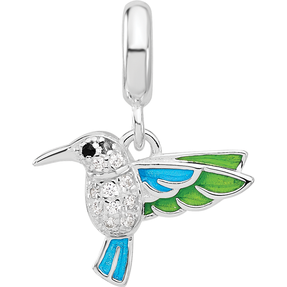 SS Reflections Rh-plated Enamel & CZ Black Spinel Hummingbird Bead