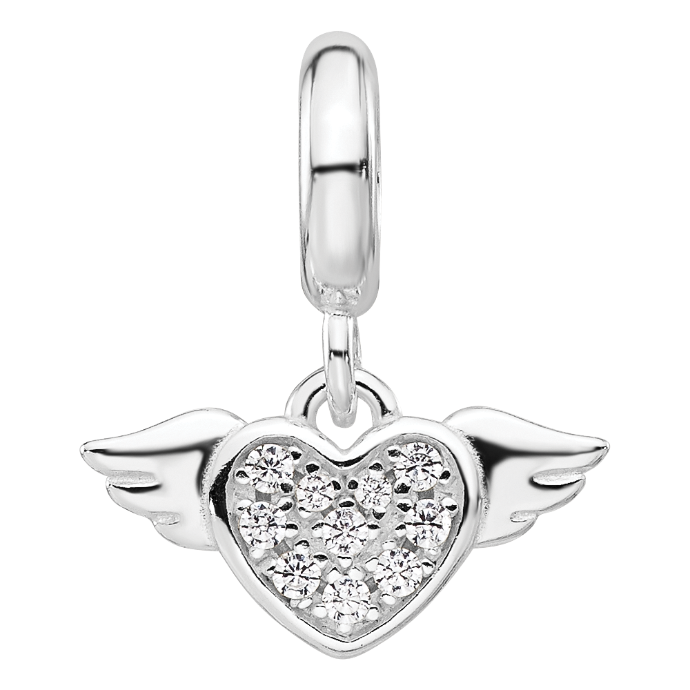 Sterling Silver Reflections Rh-plated CZ Heart with Wings Dangle Bead