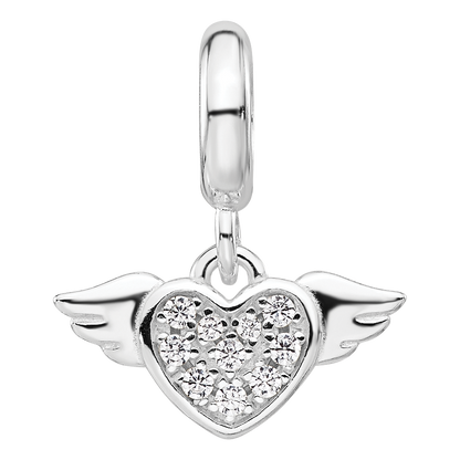 Sterling Silver Reflections Rh-plated CZ Heart with Wings Dangle Bead