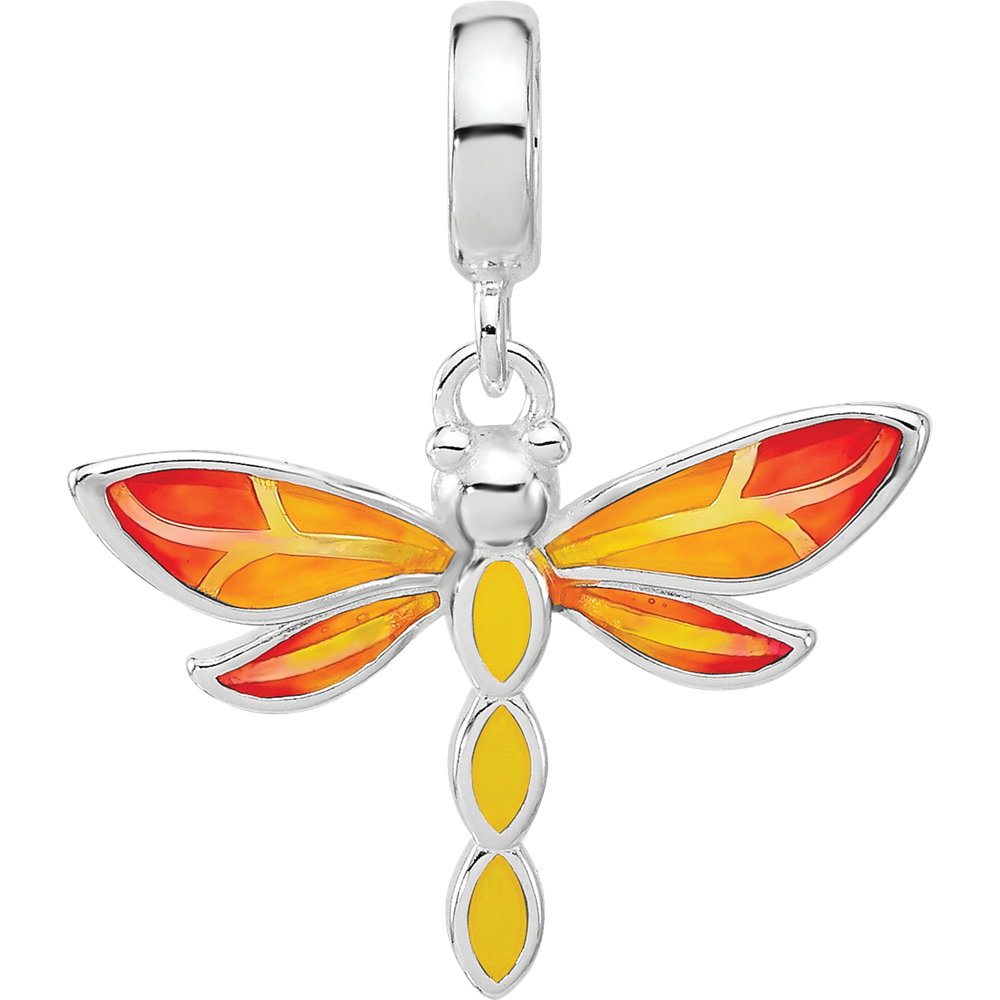 Sterling Silver Reflections Rh-plated Enamel Dragonfly Dangle Bead