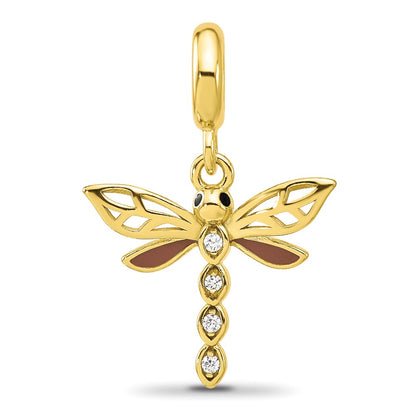 Sterling Silver Reflections Gold-plated CZ and Enamel Dragonfly Dangle Bead