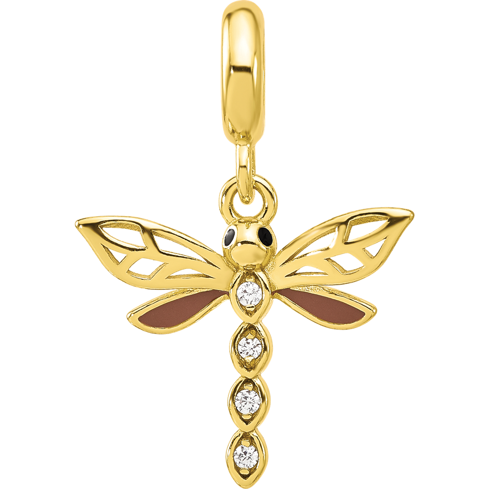 Sterling Silver Reflections Gold-plated CZ and Enamel Dragonfly Dangle Bead