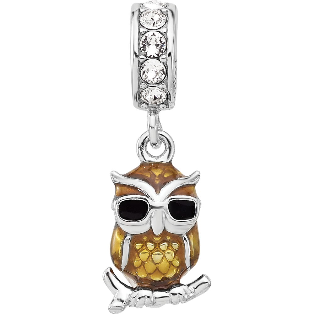 SS Reflections Rhodium-plated Crystal Enameled Owl Dangle Bead