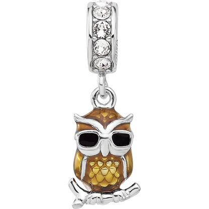 SS Reflections Rhodium-plated Crystal Enameled Owl Dangle Bead