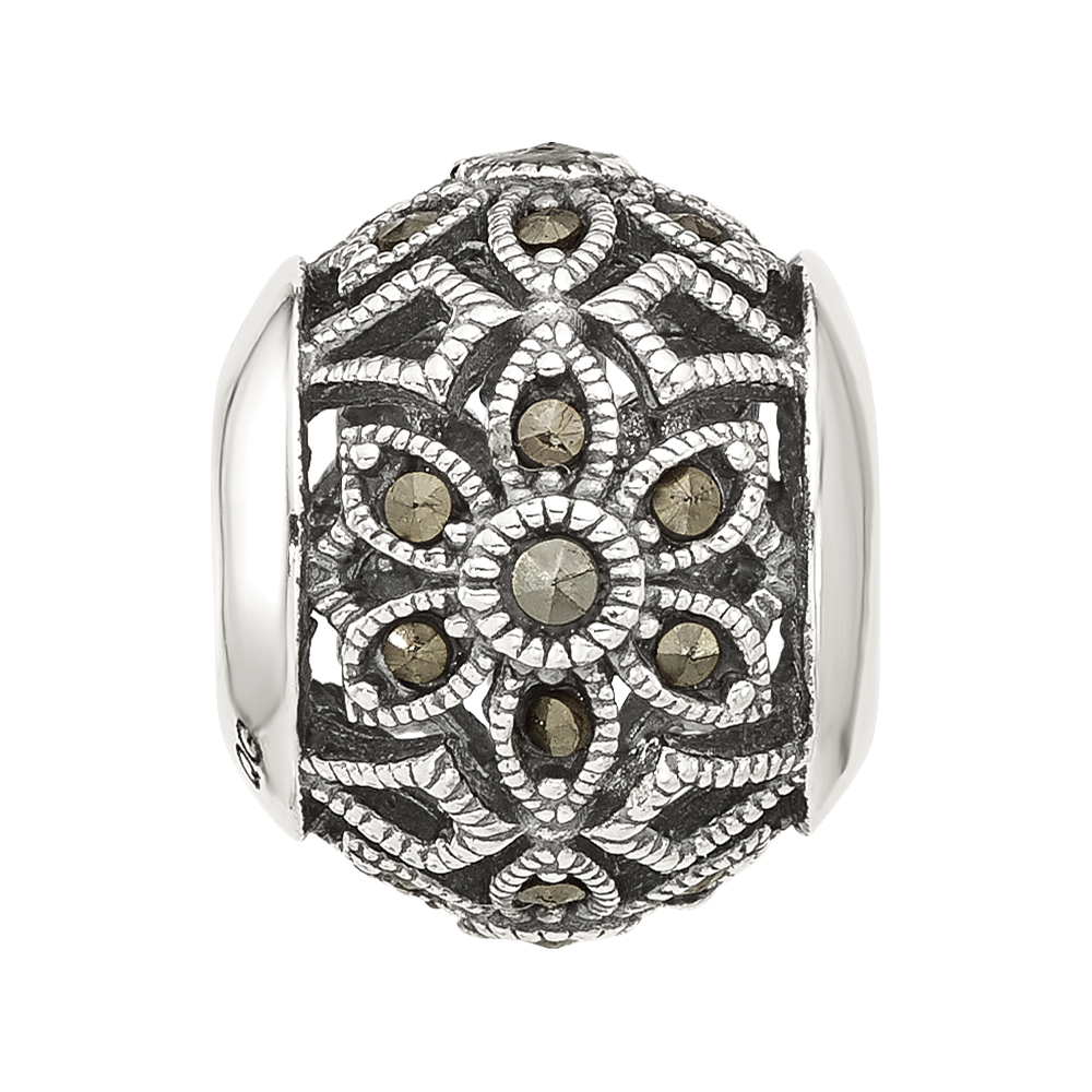 Sterling Silver Reflections Antiqued Floral Marcasite Bead