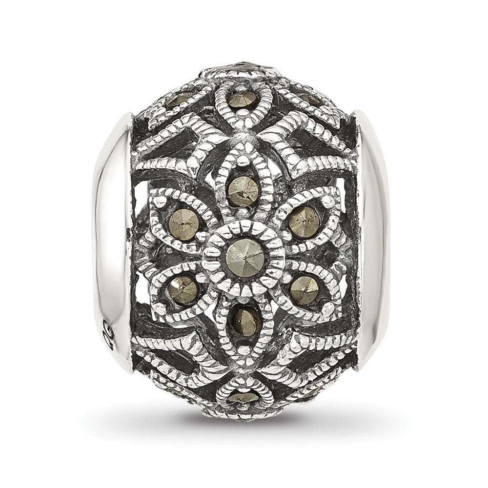 Sterling Silver Reflections Antiqued Floral Marcasite Bead