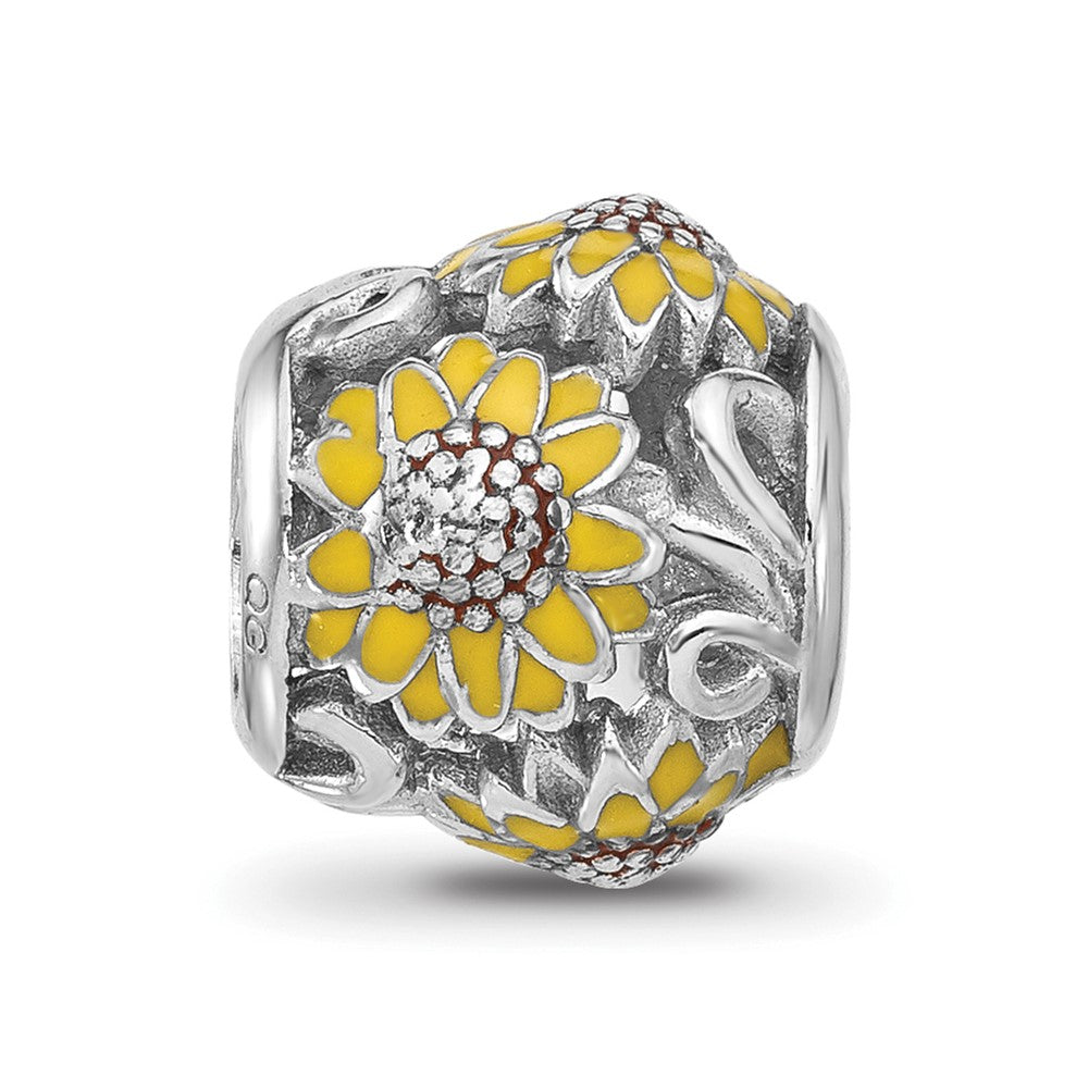 Sterling Silver Reflections Rhodium-plated Enameled Sunflowers Bead