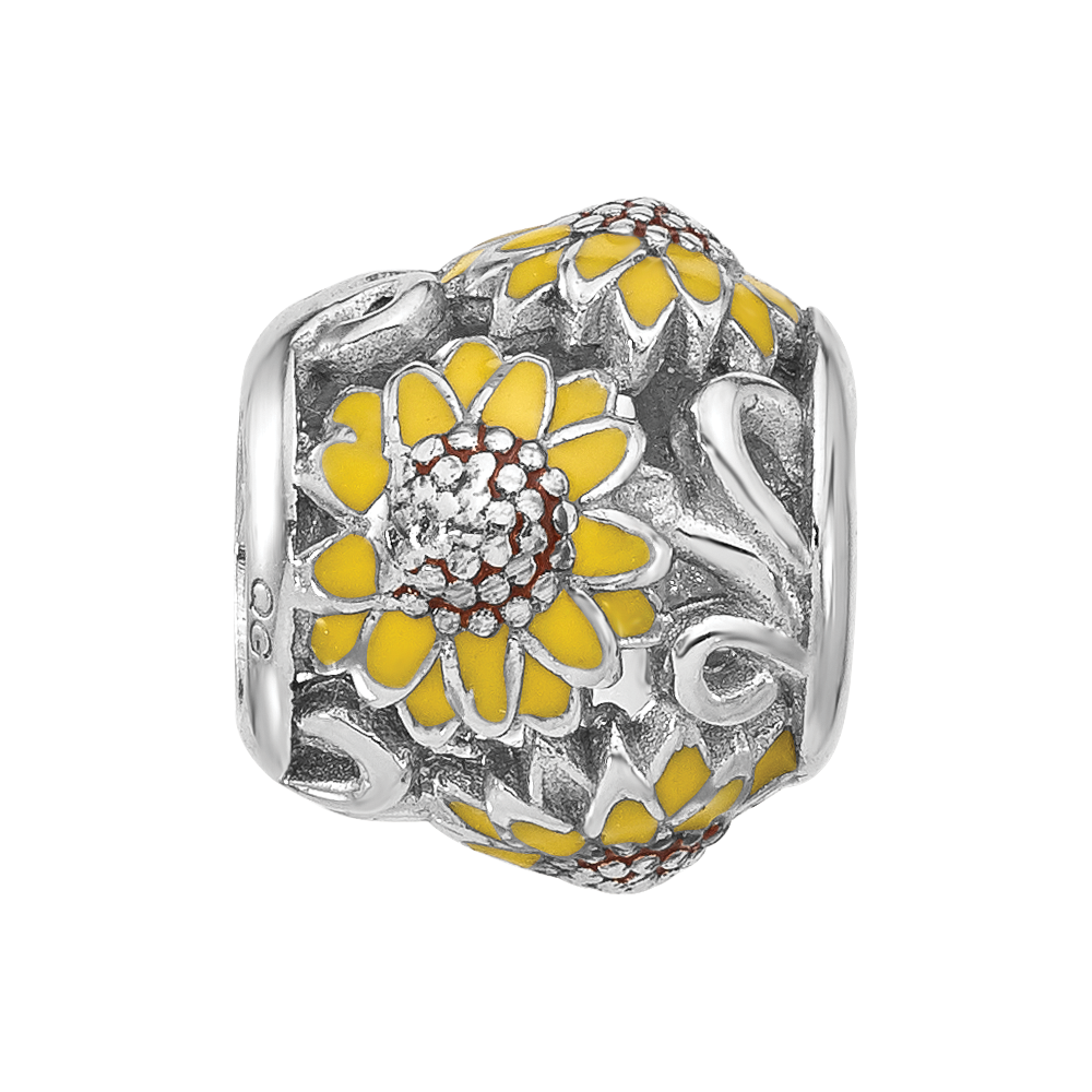 Sterling Silver Reflections Rhodium-plated Enameled Sunflowers Bead