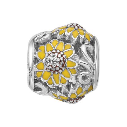 Sterling Silver Reflections Rhodium-plated Enameled Sunflowers Bead