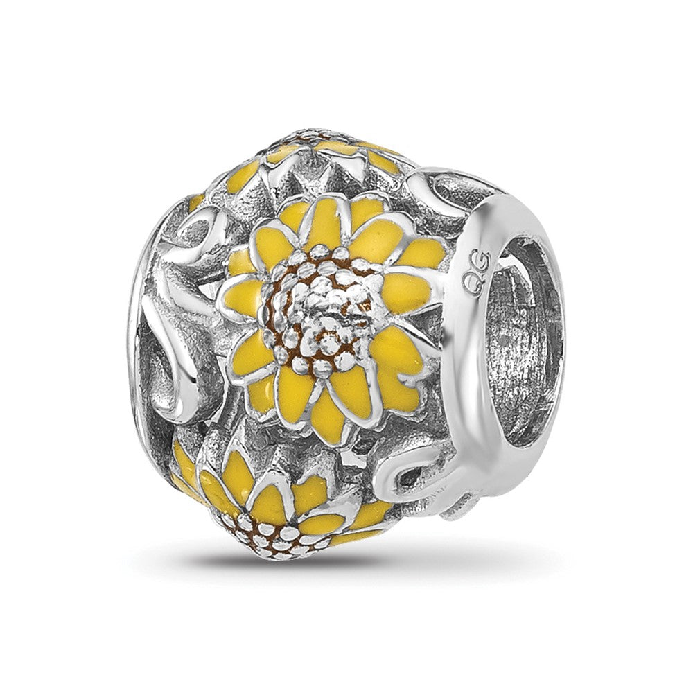 Sterling Silver Reflections Rhodium-plated Enameled Sunflowers Bead