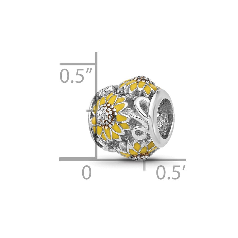 Sterling Silver Reflections Rhodium-plated Enameled Sunflowers Bead