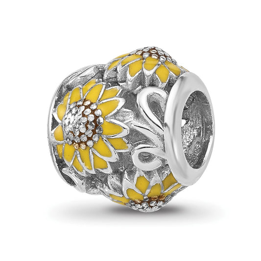 Sterling Silver Reflections Rhodium-plated Enameled Sunflowers Bead