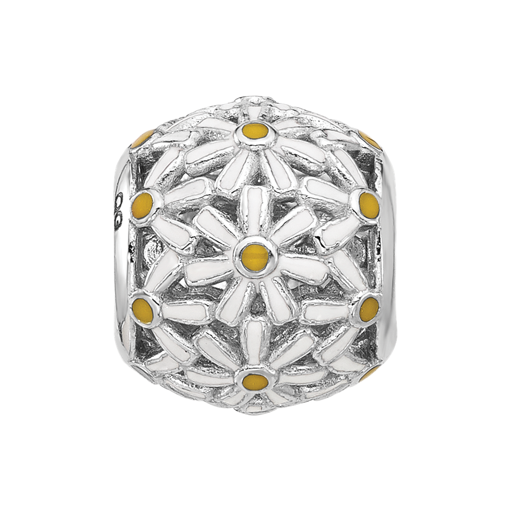 Sterling Silver Reflections Rhodium-plated Enameled Daisys Bead