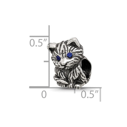 Sterling Silver Reflections Antiqued Cat With Blue Crystals Bead