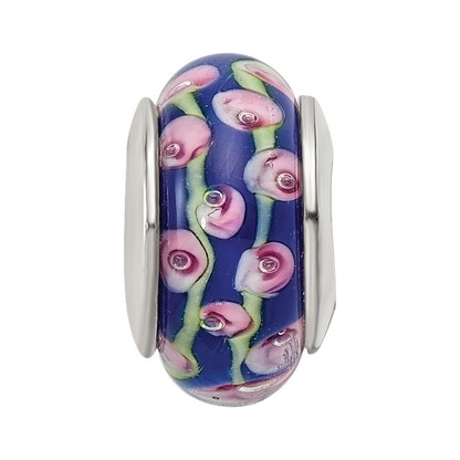 Sterling Silver Reflections Blue Floral Hand-blown Glass Bead