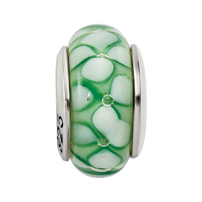 Sterling Silver Reflections Green Floral Hand-blown Glass Bead