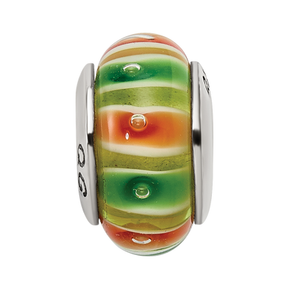 Sterling Silver Reflections Green/Orange Hand-blown Glass Bead