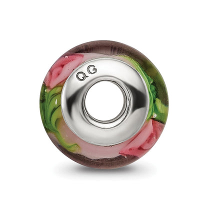Kids Collection Sterling Silver Hand-blown Pink with Flower Pattern Glass Reflections Bead