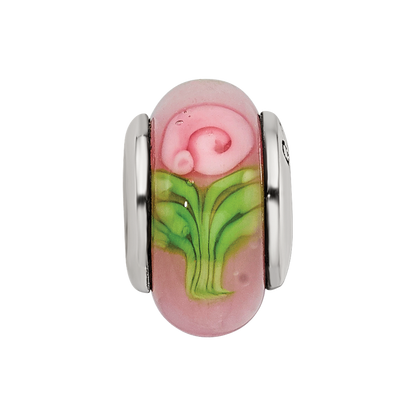 Kids Collection Sterling Silver Hand-blown Pink with Flower Pattern Glass Reflections Bead