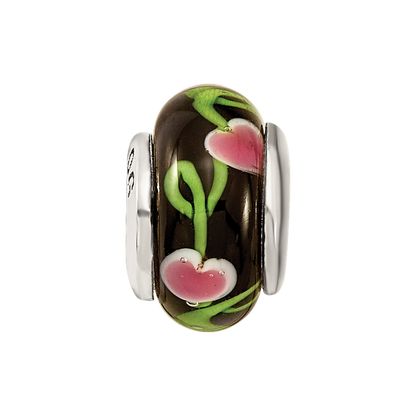 Kids Collection Sterling Silver Hand-blown Black with Floral Pattern Glass Reflections Bead