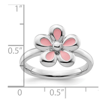 Sterling Silver Stackable Expressions Polished Pink Enameled Flower Ring