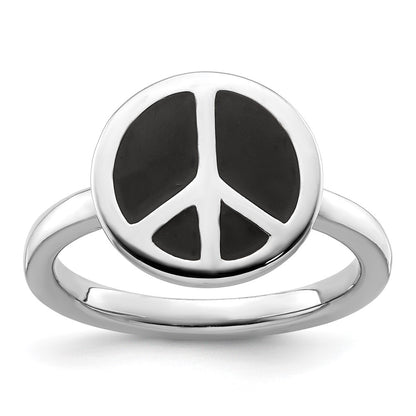 SS Stackable Expressions Polished Black Enameled Peace Sign Ring