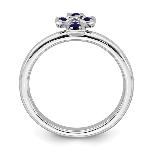 Sterling Silver Stackable Expressions Rhodium Created Sapphire Cross Ring