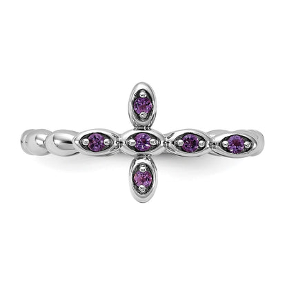 Sterling Silver Stackable Expressions Rhodium-plated Amethyst Cross Ring