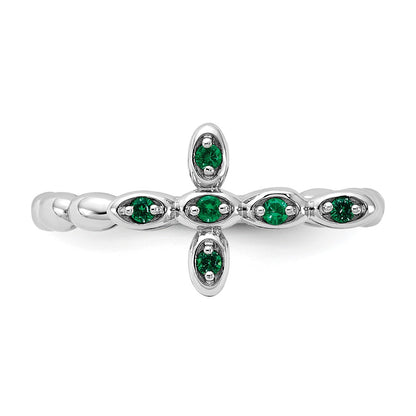Sterling Silver Stackable Expressions Rhodium-plated Created Emerald Cross Ring